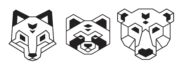 Vector geometric polygonal animal heads bear fox and raccoon