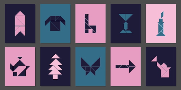 Poster geometrici con 10 diversi oggetti tangram. design della copertina di forme geometriche