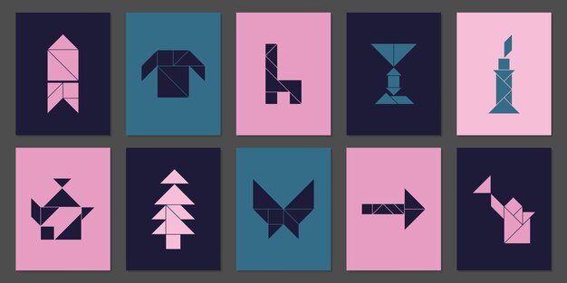 Geometric posters with 10 different tangram objects. geometric shapes cover design