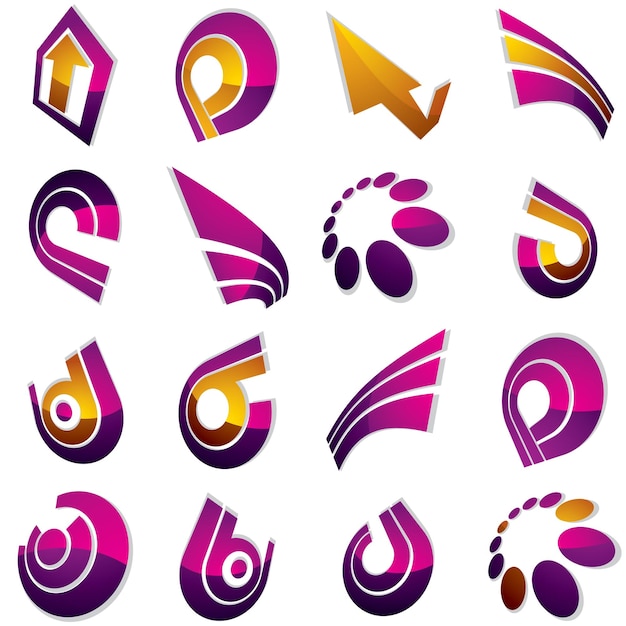 Geometric purple abstract vector shapes. Collection of arrows, navigation pictograms and multimedia signs, for use in web and graphic design.