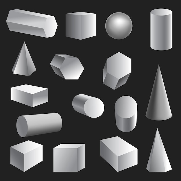 Geometric realistic shapes - cube, pyramid, cone, cylinder, sphere, polyhedron. Vector collection