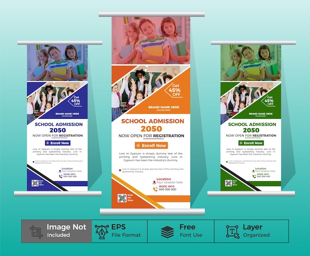 Geometric red blue school admission rollup banner design template