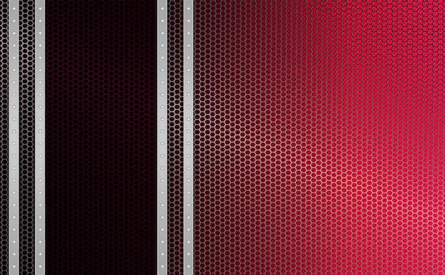 Геометрический красный сетчатый фон с полосами светло-металлического оттенка с рамкой из заклепок