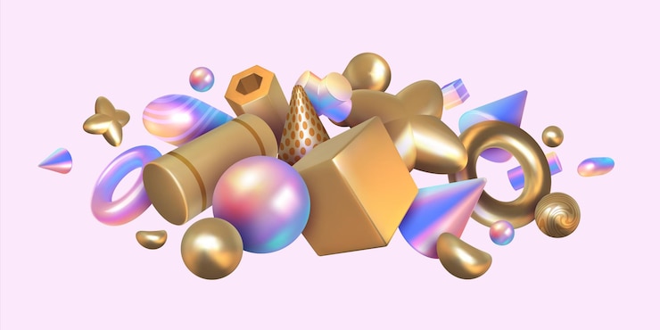 Vector geometric render background abstract holographic or metallic elements realistic 3d square and round shapes composition glossy figures with gradient texture vector iridescent forms
