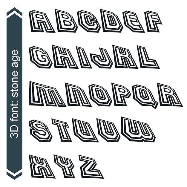 Geometric retro style graphic font in rotation, vector alphabet.