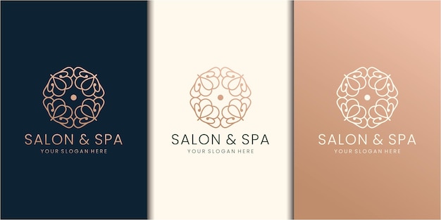 Salone geometrico e concetto di stile della linea del logo spa a forma di cerchio ispirati al colore dorato