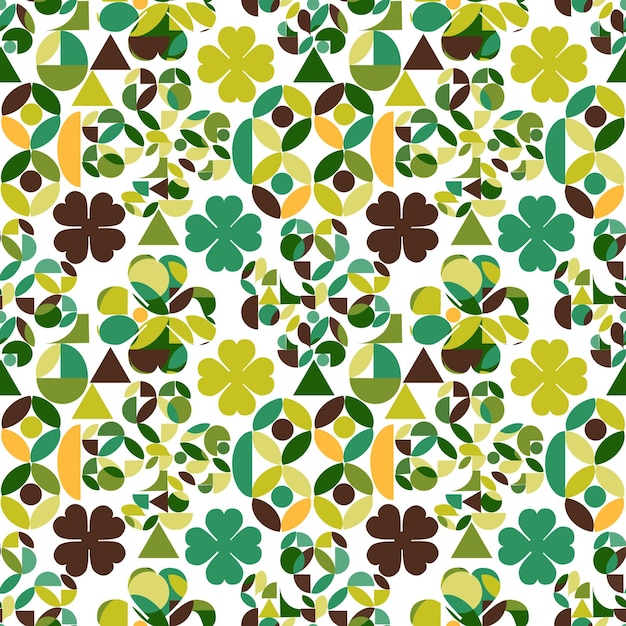 Geometric seamless minimalistic pattern with simple shapes and clovers st patricks day concept