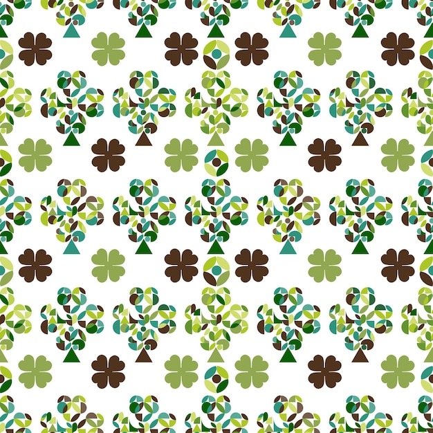 Geometric seamless minimalistic pattern with simple shapes and clovers st patricks day concept