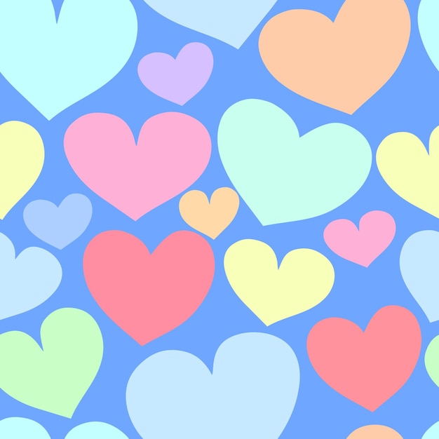 Geometric seamless pattern colorful pastel cute heart in bright blue background. Love romance design