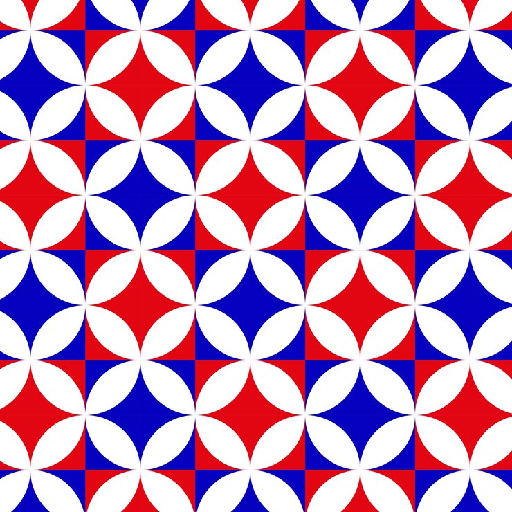 Vector geometric seamless pattern sharp rhombuses petals white abstract circles squares of red blue vector