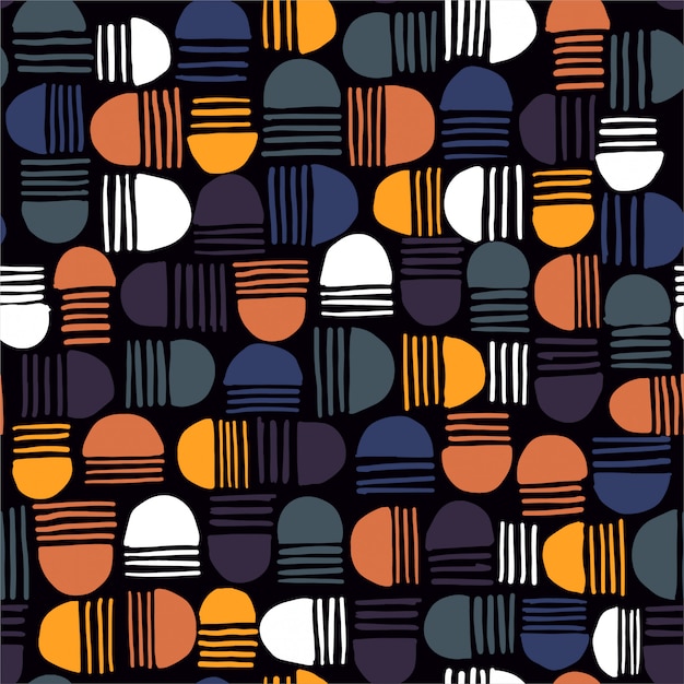 Geometric seamless pattern with half-circles and striped hand drawn elements.