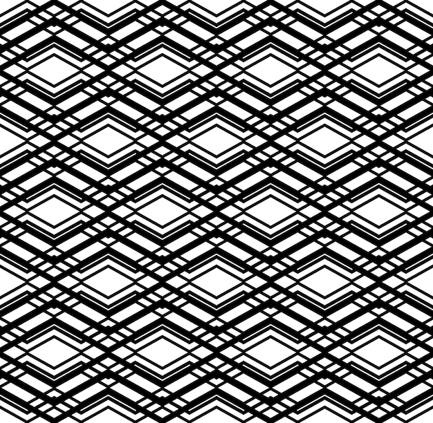 Geometric seamless pattern with parallel lines and geometric elements, infinite grunge monochrome textile, abstract vector textured covering. Intertwine black and white illustration.