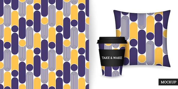 Vector geometric seamless pattern with rounded shapes, cup and cushion