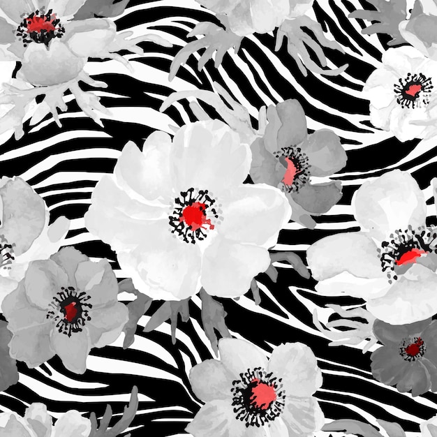 Geometric seamless pattern with white flowers on black strips Vector