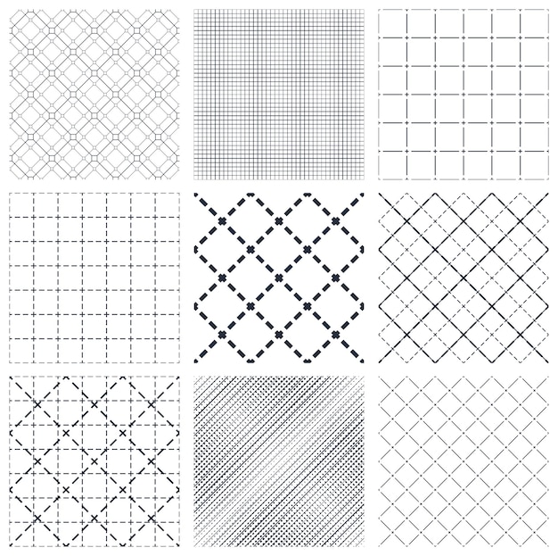 Vector geometric seamless patterns set, abstract minimalistic and simple lined and crossed backgrounds, wallpapers for web design and print. black and white swatches.