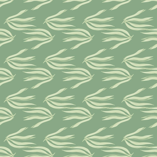 緑の背景に幾何学的な海藻のシームレスなパターン。海洋植物の壁紙。水中の葉の背景。生地、テキスタイルプリント、ラッピング、カバーのデザイン。ベクトルイラスト。
