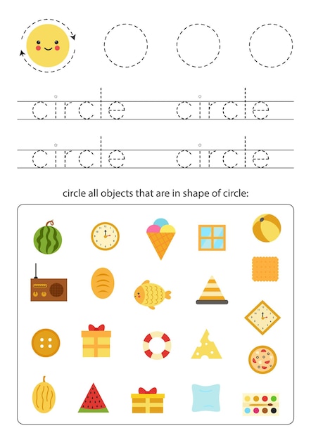 Geometric shapes for children. worksheet for learning shapes. trace circle.