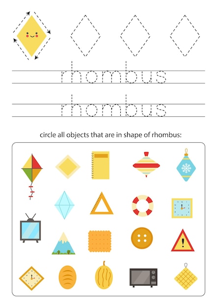 Geometric shapes for children. worksheet for learning shapes. trace rhombus.
