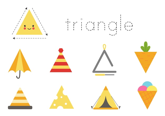 Geometric shapes for children. Worksheet for learning shapes. Triangular objects.