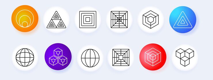 Vector 기하학적 모양 세트 아이콘 원 삼각형 사각형 그리드 큐브 추상적인 디자인 구 모양 대칭 구조 3d 터 기하학 다각형 복잡성 배열