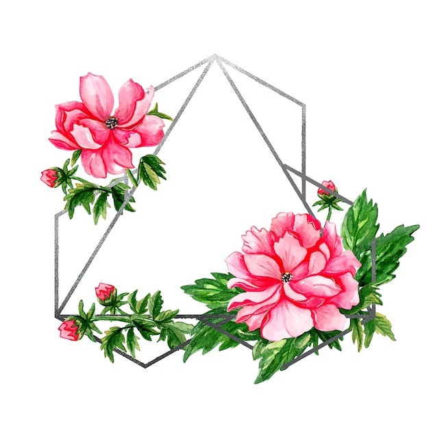 Geometric silver vintage frame with red buds and green leaves  .