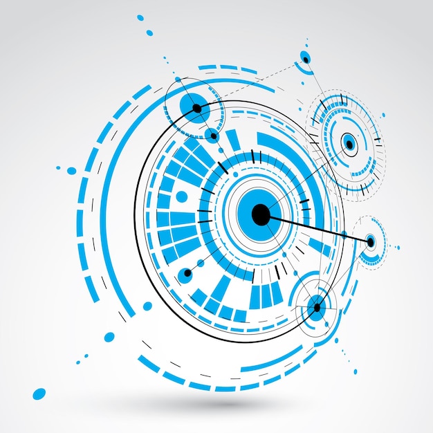 기하학적 기술 3d 벡터 드로잉, 파란색 기술 벽지입니다. 엔진 또는 엔지니어링 메커니즘의 차원 추상 체계.