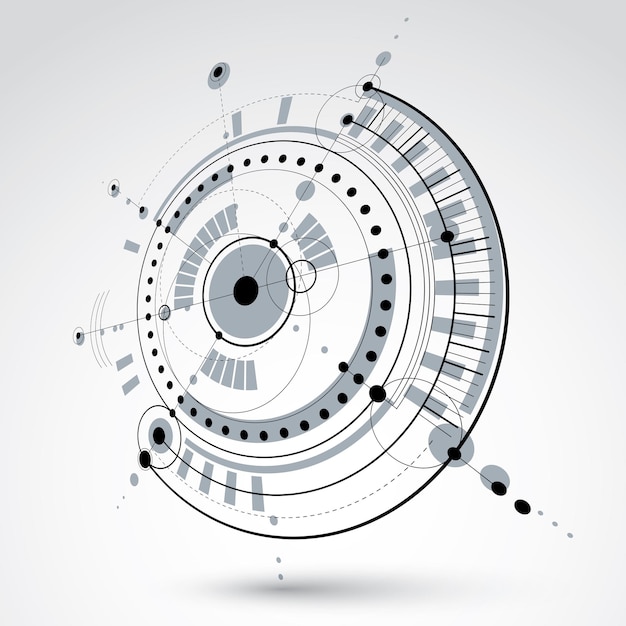 Vettore tecnologia geometrica 3d disegno vettoriale, carta da parati tecnica in scala di grigi. schema astratto dimensionale del motore o del meccanismo di ingegneria.
