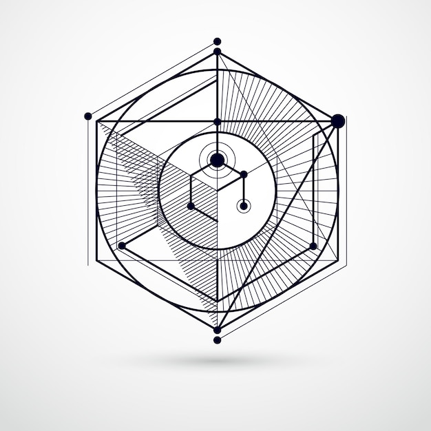 Tecnologia geometrica vettore disegno in bianco e nero, carta da parati tecnica 3d. illustrazione del sistema di ingegneria, sfondo tecnologico astratto. background tecnico astratto.