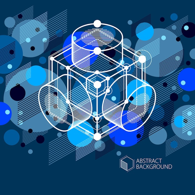 Geometric technology vector dark blue drawing, 3D technical wallpaper. Illustration of engineering system, abstract technological backdrop. Abstract technical background.