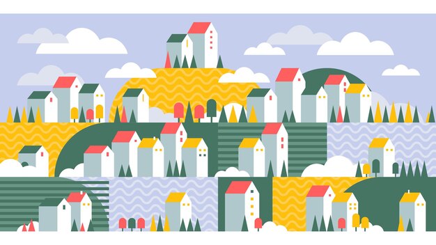 幾何学的な町のイラスト。カラフルなグラフィックシティ。高層住宅および住宅。明るい水平の背景。ベクトルイラスト