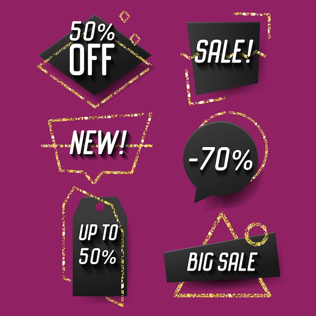 Vector geometric trendy sale banners, labels, tags template set. discount advertising design with golden glitter elements.