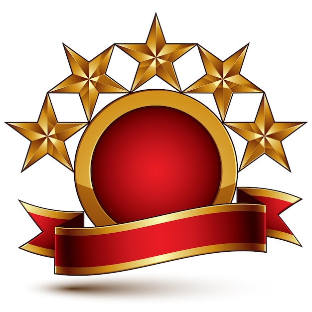 Геометрический векторный гламурный круглый элемент с красной начинкой, 3d полированный символ пяти золотых звезд с праздничной лентой. Объемные декоративные звезды, элегантный фигурный герб.