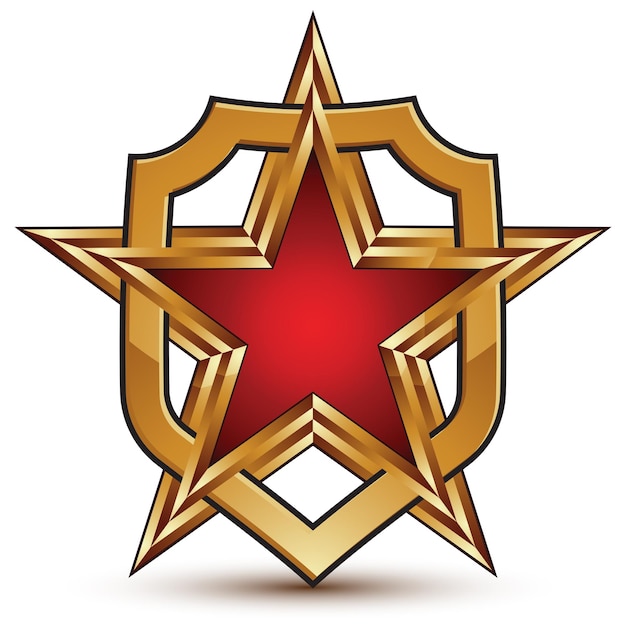 Геометрический векторный глянцевый золотой элемент, выделенный на белом фоне, 3d полированный герб в форме звезды с красной заливкой. Фирменный символ пять звезд. Гламурный щиток.