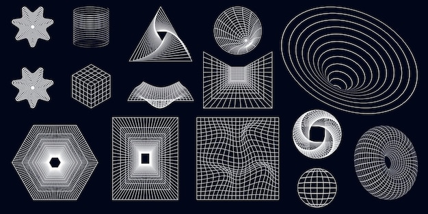 Вектор Геометрические каркасные формы и сетки в белом 3d абстрактном фоне с узорчатыми элементами в модном y2