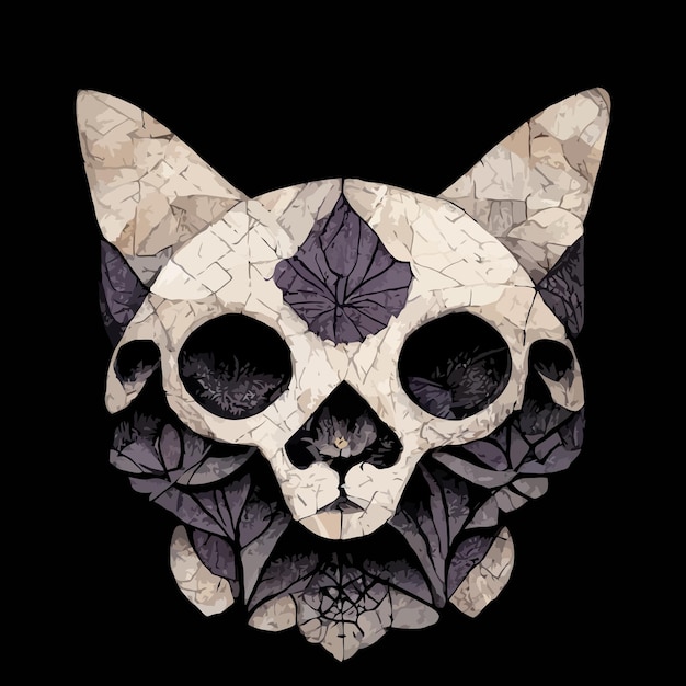 Disegno geometrico illustrazione teschio di gatto bianco e nero testa di gatto strega