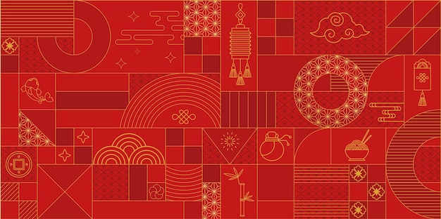Vector geometrisch chinees patroon rood gouden aziatisch luxeornament