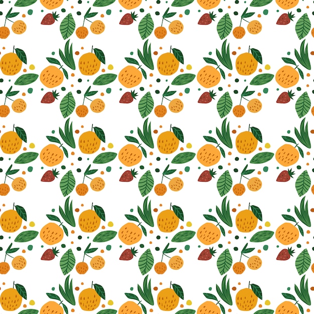 Geometrisch fruit naadloos patroon. grappig tuinfruit. kersenbessen, appels, aardbei en bladeren hand getekend behang.