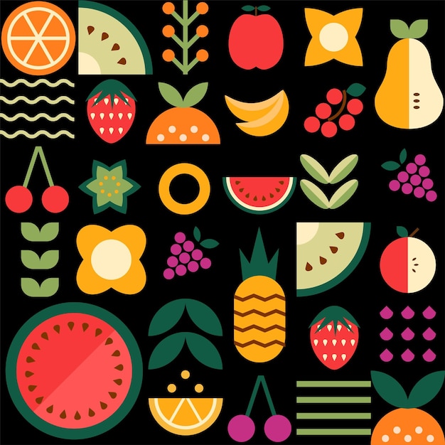 Vector geometrisch fruitpatroon mosaïek abstracte bessen en bladvector herhaalde afdruk minimale vormen op zwart