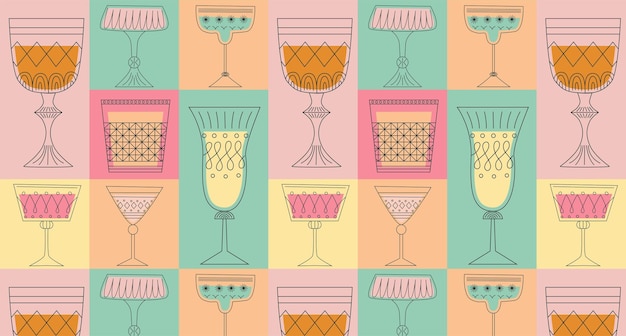 Geometrisch naadloos patroon met alcoholische cocktails in glazen van verschillende vormen