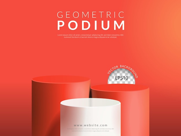Geometrisch productweergaveconcept, driestaps wit en oranje cilinderpodium op oranje achtergrond