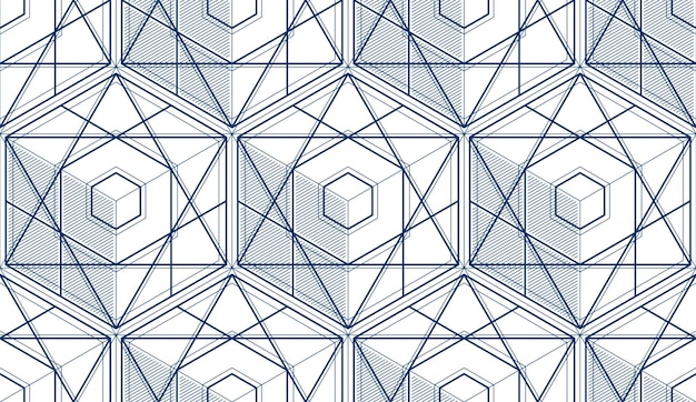 Geometrische 3D-lijnen abstract naadloze patroon, vector achtergrond. Technologie stijl engineering lijntekening eindeloze illustratie. Enkele kleur, zwart en wit. Bruikbaar voor stof, behang, verpakking,