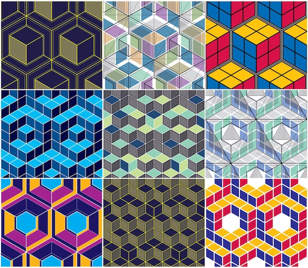 Geometrische 3D-lijnen abstracte naadloze patronen set, vector achtergronden kubussen collectie. Technologie stijl engineering lijntekening eindeloze kleurrijke illustratie. Bruikbaar voor stof, behang, verpakking.