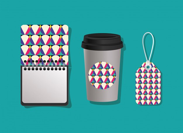 Geometrische cover notebook koffiemok en label