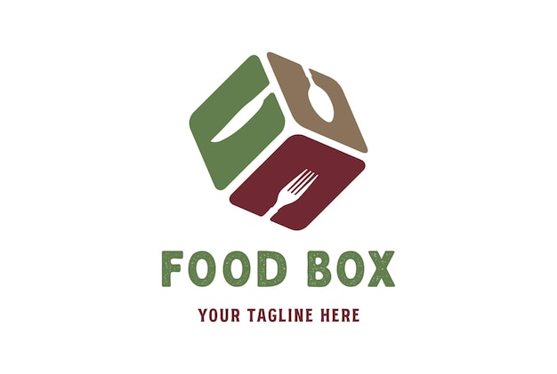 Geometrische Cube Box Lepel Vorkmes voor Food Restaurant Catering Delivery Service Logo Design