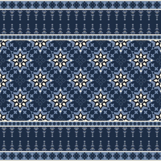 Geometrische etnische bloemmotief naadloze traditionele donkerblauwe achtergrond. textiel bloempatronen.