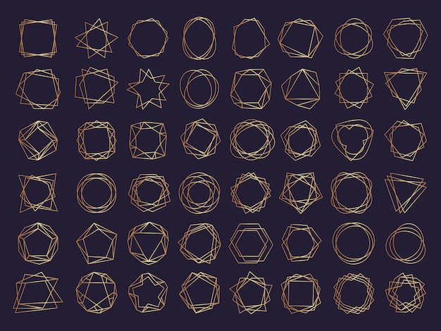 Geometrische frames instellen. Veelhoekvormen en randen creatief bekleed abstracte gestileerde vormen driehoeken set. Geometrische diamantvorm lijn, frame zeshoek en cirkel gouden lineaire afbeelding