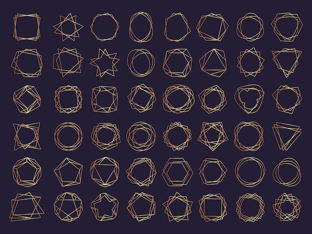 Geometrische frames instellen. veelhoekvormen en randen creatief bekleed abstracte gestileerde vormen driehoeken set. geometrische diamantvorm lijn, frame zeshoek en cirkel gouden lineaire afbeelding