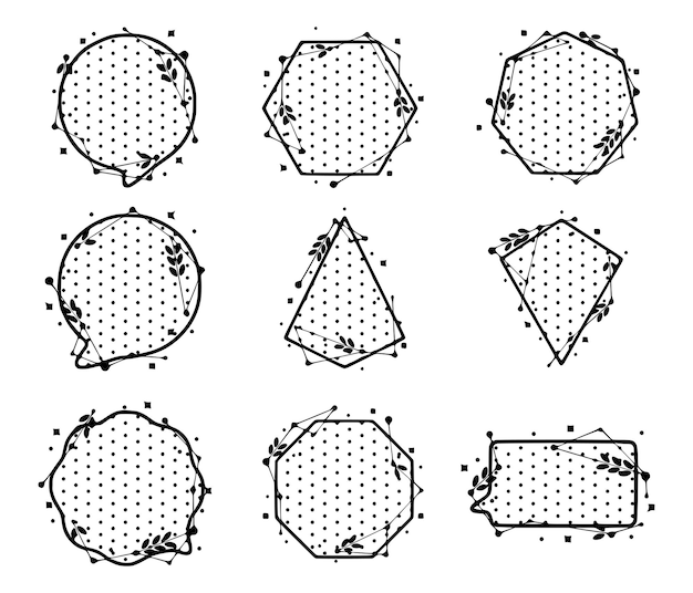 Geometrische kaders en tekstballonnen met blaadjes gemaakt van lijnen en stippen