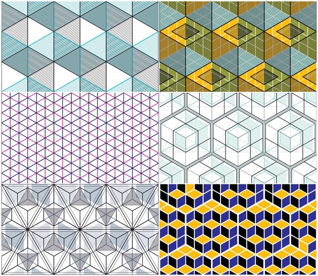 Geometrische kubussen abstracte naadloze patronen set, 3D-vector achtergronden collectie. Technologie stijl engineering lijntekening eindeloze kleurrijke illustraties. Bruikbaar voor stof, behang, verpakking.