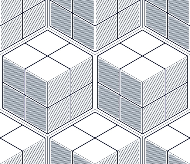 Geometrische kubussen abstracte naadloze patroon, 3D-vector achtergrond. Technologie stijl engineering lijntekening eindeloze illustratie. Enkele kleur, zwart en wit. Bruikbaar voor stof, behang, verpakking,
